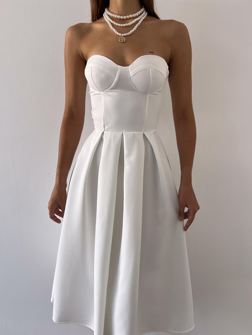 Straplez Belden Oturtmalı Maks Kadın Beyaz Elbise 23Y000483