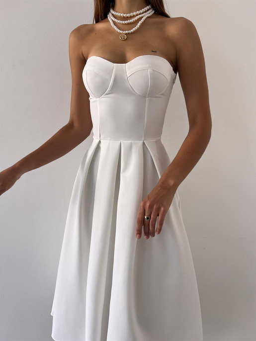 Straplez Belden Oturtmalı Maks Kadın Beyaz Elbise 23Y000483