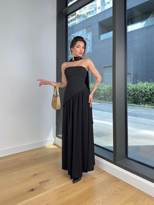 Straplez Eteği Pileli Kuşak Detaylı Leyinda Siyah Kadın Yırtmaçlı Elbise 25Y436