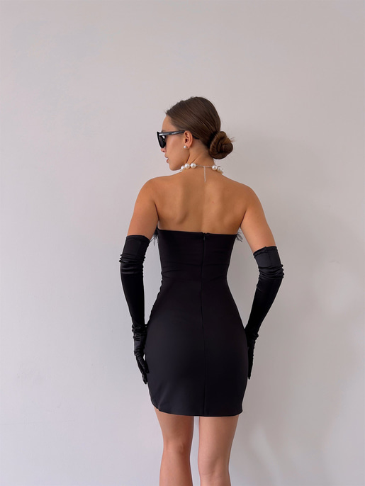 Straplez Göğüs Kısmı Tüy Detaylı Eteği Drapeli Trace Kadın Siyah Mini Elbise 23K000176