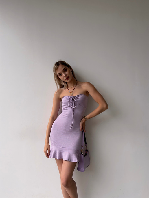 Straplez Göğüsü Bağcıklı Volanlı Streç Model  Titanius Kadın Lila Elbise 22Y000389