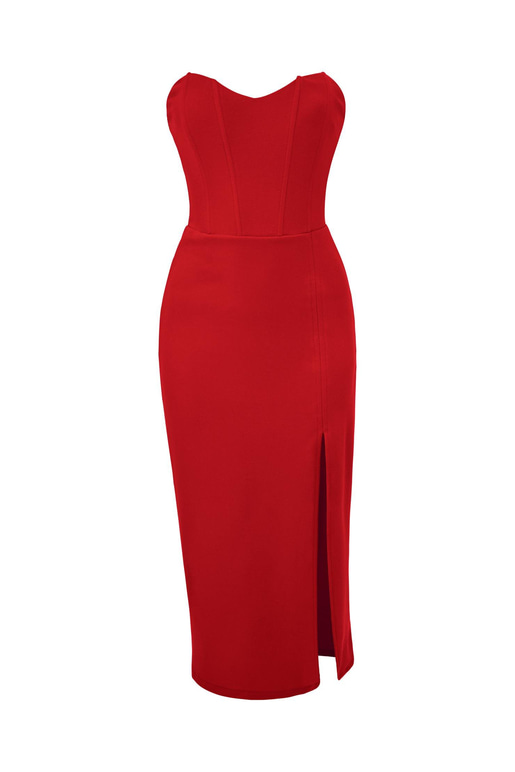 Straplez Korse Görünümlü Cherish Kadın Kırmızı Midi Elbise 23Y000072