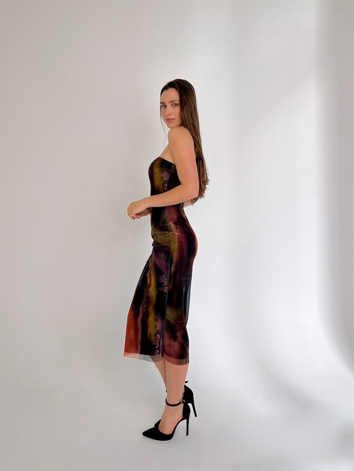 Straplez Leya Kadın Siyah Desenli Midi Elbise 23K000457