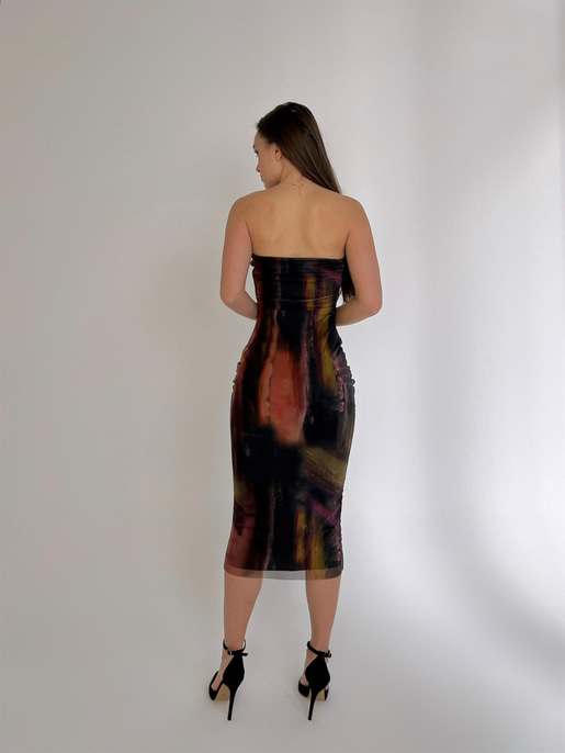 Straplez Leya Kadın Siyah Desenli Midi Elbise 23K000457