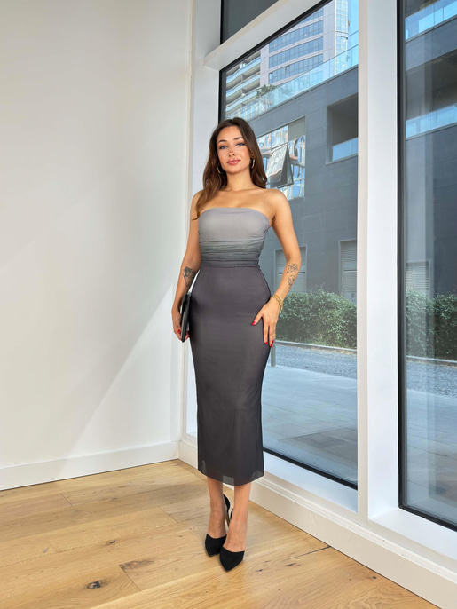 Straplez Streç Drapeli Rudolf Kadın Gri Renk Geçişli Elbise 24Y821