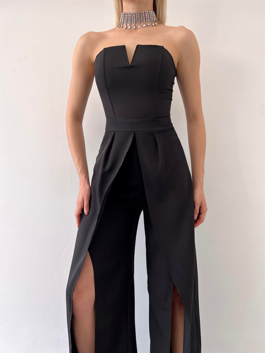 Straplez Yırtmaç Detaylı Straight Kadın Siyah Tulum 23Y000218