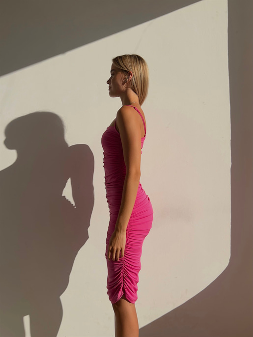 Streç İnce Askı Drapeli Taniya Kadın Fuşya Kalem Elbise 22Y000230