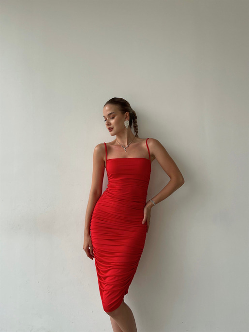 Streç İnce Askı Drapeli Taniya Kadın Kırmızı Kalem Elbise 22Y000230