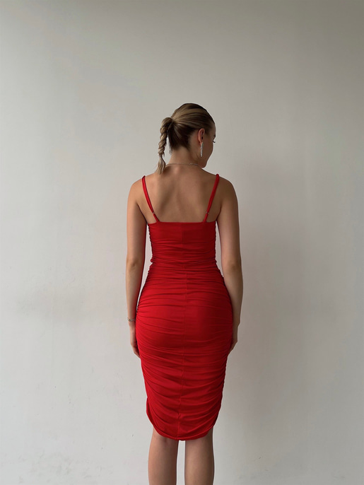 Streç İnce Askı Drapeli Taniya Kadın Kırmızı Kalem Elbise 22Y000230