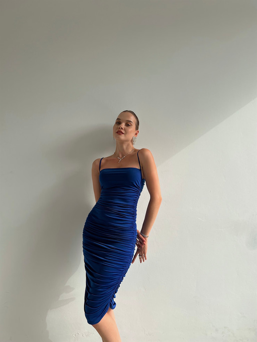 Streç İnce Askı Drapeli Taniya Kadın Saks Kalem Elbise 22Y000230