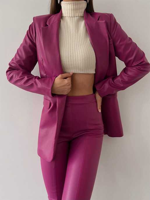 Tek Düğmeli Uzun Kollu Aria Kadın Fuşya Vegan Deri Ceket 23K000016