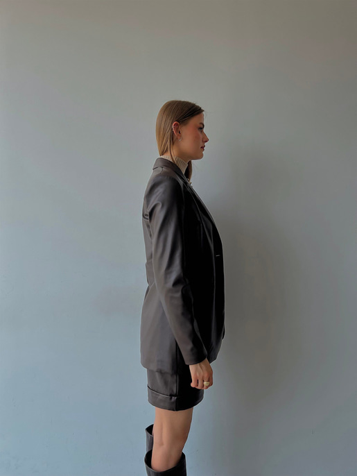 Tek Düğmeli Uzun Kollu Aria Kadın Kahve Vegan Deri Ceket 23K000016