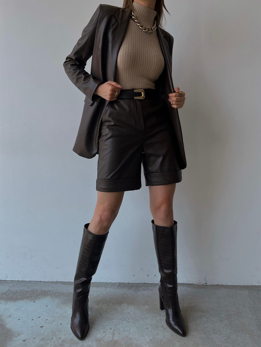 Tek Düğmeli Uzun Kollu Aria Kadın Kahve Vegan Deri Ceket 23K000016