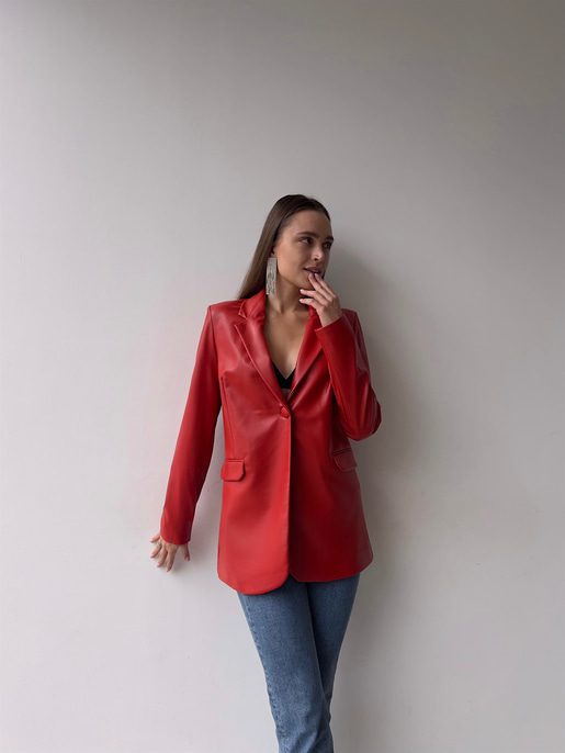 Tek Düğmeli Uzun Kollu Aria Kadın Kırmızı Vegan Deri Ceket 23K000016