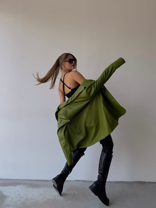 Tek Düğmeli Uzun Kollu Aria Kadın Yeşil Vegan Deri Ceket 23K000016