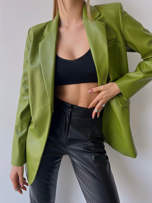 Tek Düğmeli Uzun Kollu Aria Kadın Yeşil Vegan Deri Ceket 23K000016