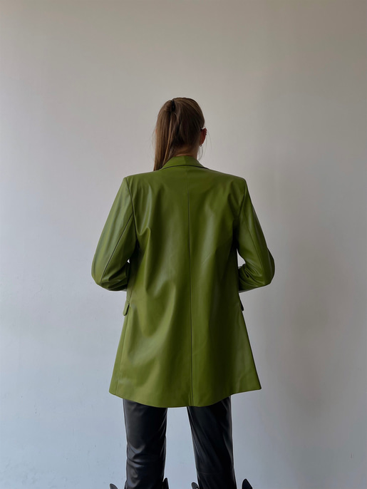 Tek Düğmeli Uzun Kollu Aria Kadın Yeşil Vegan Deri Ceket 23K000016