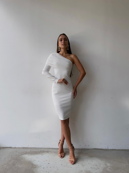 Tek Kol Tül Elson Kadın Beyaz Midi Boy Elbise 23K000149