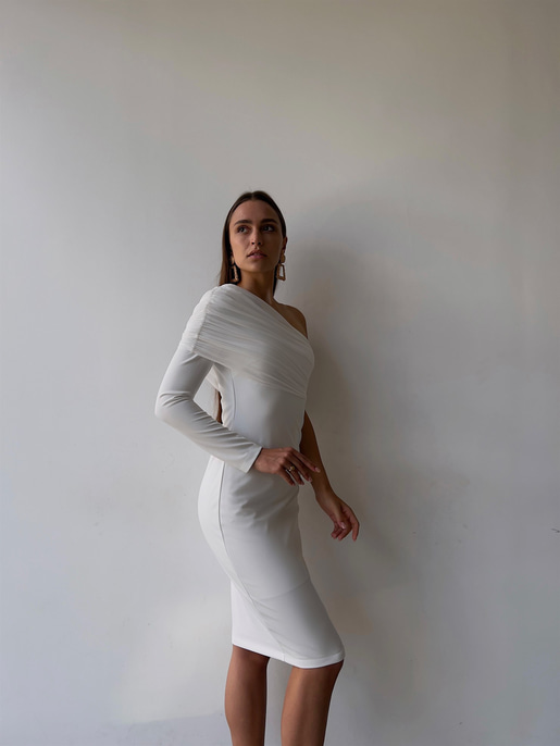 Tek Kol Tül Elson Kadın Beyaz Midi Boy Elbise 23K000149