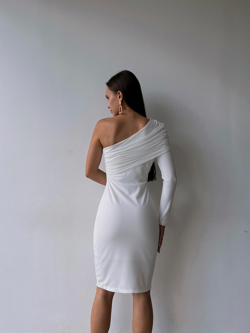 Tek Kol Tül Elson Kadın Beyaz Midi Boy Elbise 23K000149