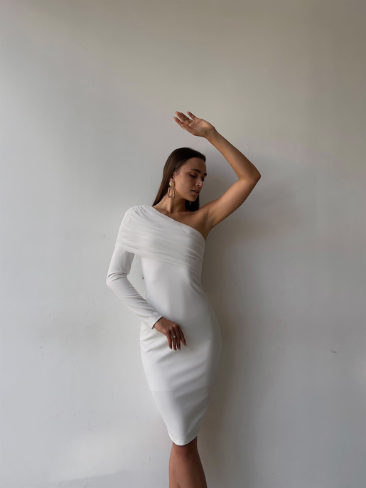 Tek Kol Tül Elson Kadın Beyaz Midi Boy Elbise 23K000149