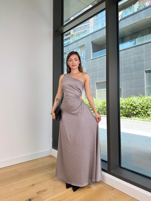 Tek omuz Beli Pencere Detaylı Darina Gri Kadın Elbise 25Y437