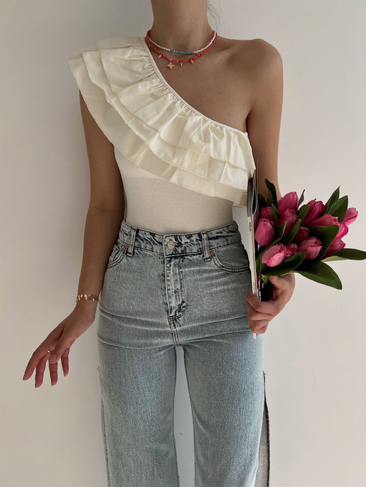 Tek Omuz Fırfırlı Yaka Joanne Kadın Ekru Bodysuit 22Y000214