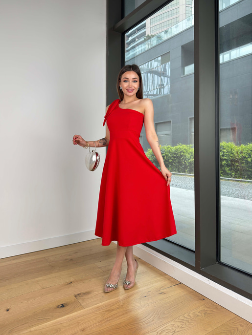 Tek Omuz Fiyonk Detaylı Belden Oturtmalı Nevren Kırmızı Kadın Elbise 25Y298