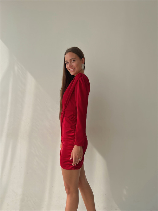 Tek Omuz Uzun Kol Önü Ve Yanları Drapeli Göğüs Pedli Traeger Kadın Kırmızı Mini Elbise 23K000039