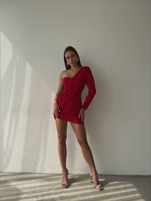 Tek Omuz Uzun Kol Önü Ve Yanları Drapeli Göğüs Pedli Traeger Kadın Kırmızı Mini Elbise 23K000039
