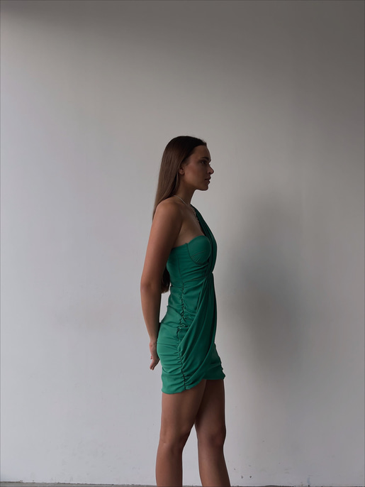 Tek Omuz Uzun Kol Önü Ve Yanları Drapeli Göğüs Pedli Traeger Kadın Yeşil Mini Elbise 23K000039