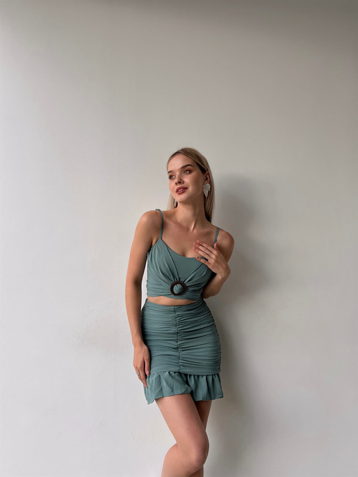 Toka Detaylı Bağcıklı Crop Volanlı Drape Alt Kostek Kadın Mint İkili Takım 22Y000383