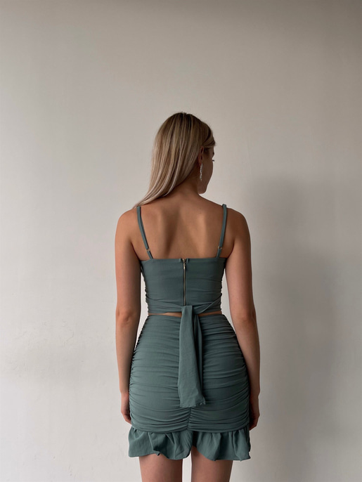 Toka Detaylı Bağcıklı Crop Volanlı Drape Alt Kostek Kadın Mint İkili Takım 22Y000383