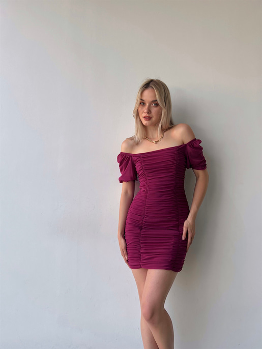 Tül Açık Omuz Drapeli Celino Kadın Fuşya Mini Elbise 22Y000340