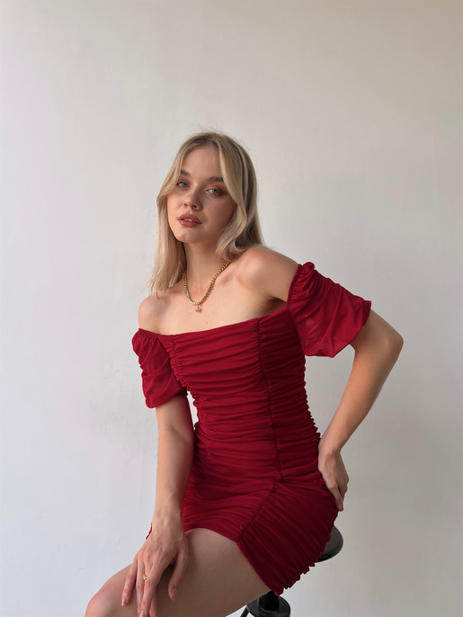 Tül Açık Omuz Drapeli Celino Kadın Kırmızı Mini Elbise 22Y000340