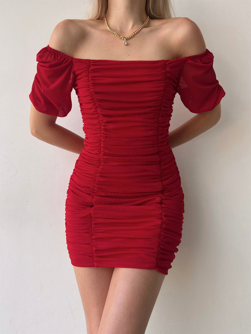Tül Açık Omuz Drapeli Celino Kadın Kırmızı Mini Elbise 22Y000340
