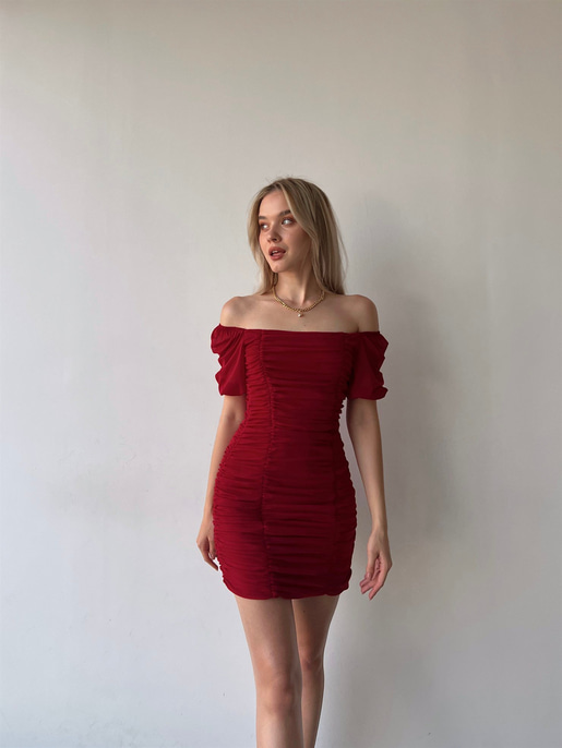 Tül Açık Omuz Drapeli Celino Kadın Kırmızı Mini Elbise 22Y000340