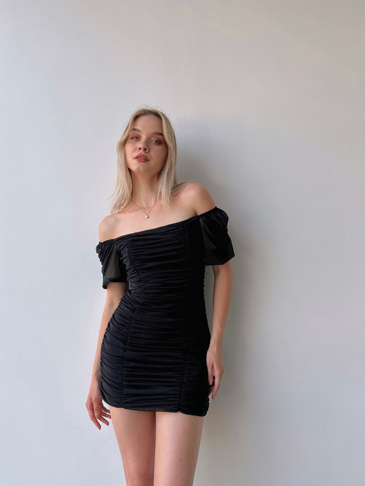 Tül Açık Omuz Drapeli Celino Kadın Siyah Mini Elbise 22Y000340