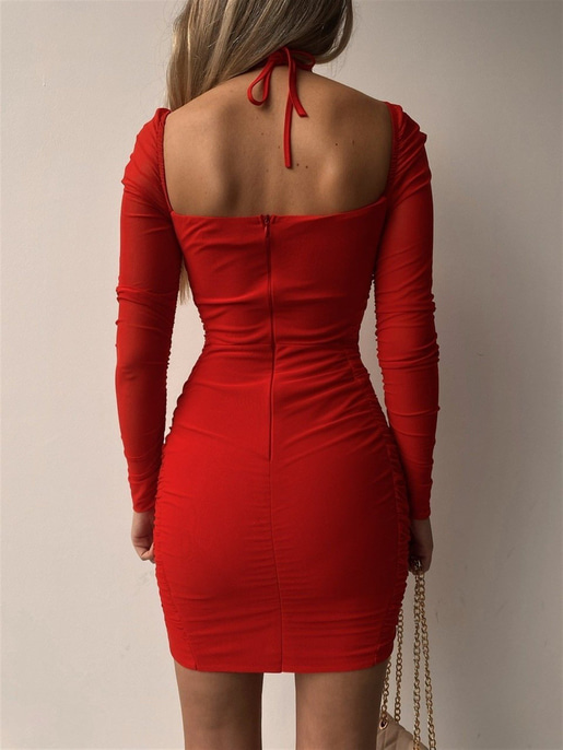 Tül Göğüs Kuplu Büzgülü Violet Kadın Kırmızı Mini Elbise 22Y000013