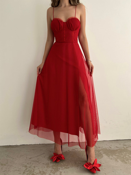 Tül İnce Askı Göğüs Kuplu Yırtmaçlı Brian Kadın Kırmızı Elbise 22Y000138