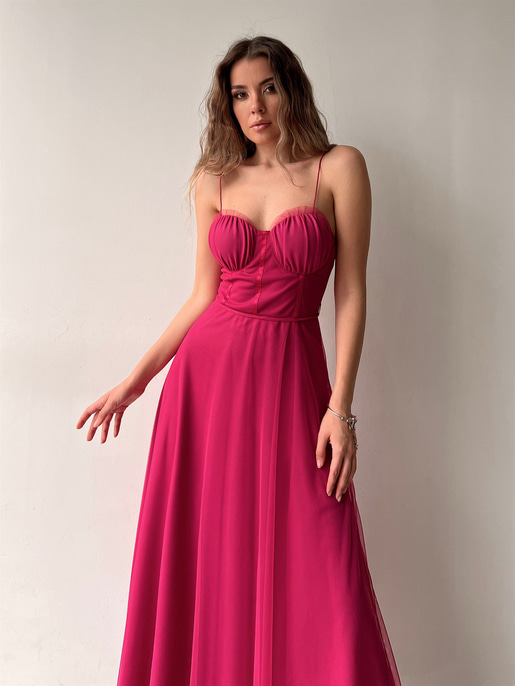 Tül İnce Askı Göğüs Kuplu Yırtmaçlı Brian Kadın Fuşya Elbise 22Y000138