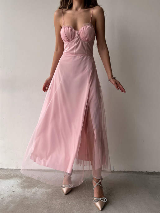 Tül İnce Askı Göğüs Kuplu Yırtmaçlı Brian Kadın Pudra Elbise 22Y000138