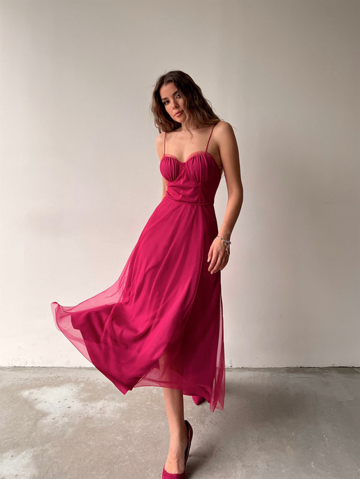 Tül İnce Askı Göğüs Kuplu Yırtmaçlı Brian Kadın Fuşya Elbise 22Y000138