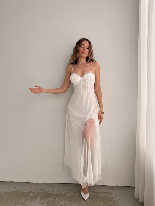 Tül İnce Askı Göğüs Kuplu Yırtmaçlı Brian Kadın Beyaz Elbise 22Y000138