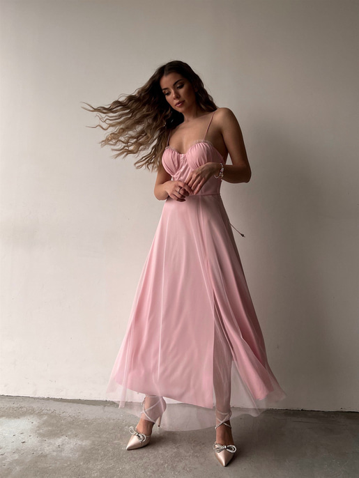 Tül İnce Askı Göğüs Kuplu Yırtmaçlı Brian Kadın Pudra Elbise 22Y000138