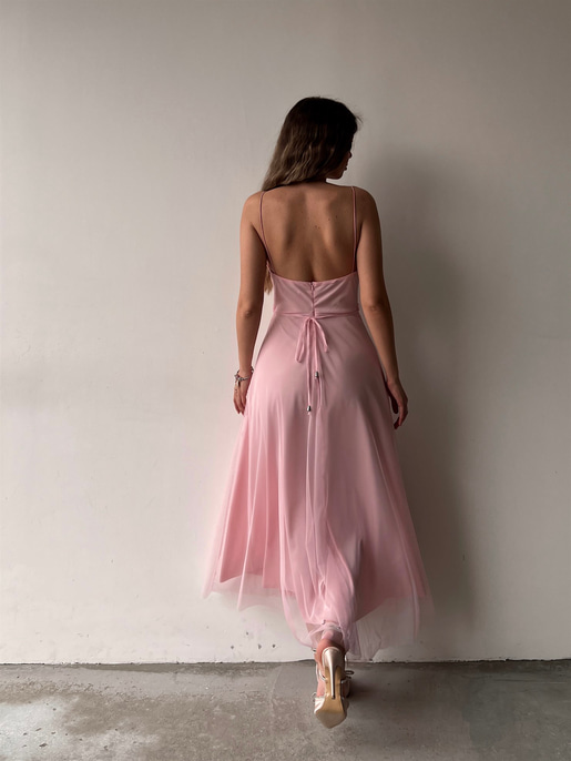 Tül İnce Askı Göğüs Kuplu Yırtmaçlı Brian Kadın Pudra Elbise 22Y000138
