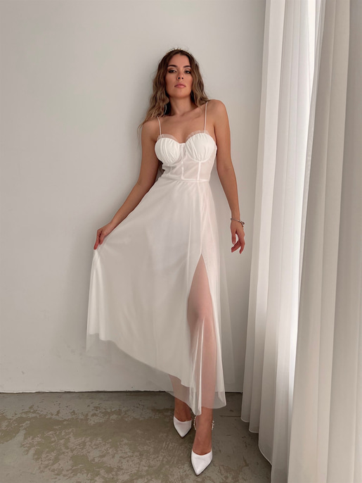 Tül İnce Askı Göğüs Kuplu Yırtmaçlı Brian Kadın Beyaz Elbise 22Y000138