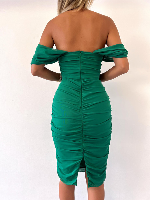 Tül Kumaş Drapeli Arkadan Yırtmaçlı Zella Kadın Yeşil Elbise 22Y000365