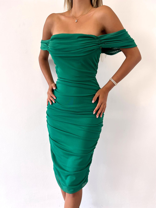 Tül Kumaş Drapeli Arkadan Yırtmaçlı Zella Kadın Yeşil Elbise 22Y000365