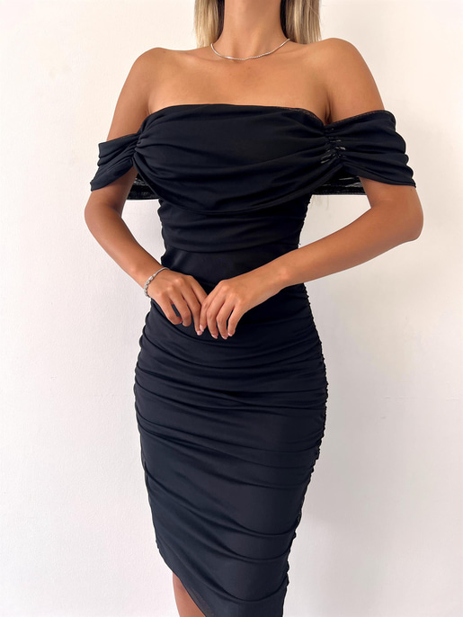 Tül Kumaş Drapeli Arkadan Yırtmaçlı Zella Kadın Siyah Elbise 22Y000365